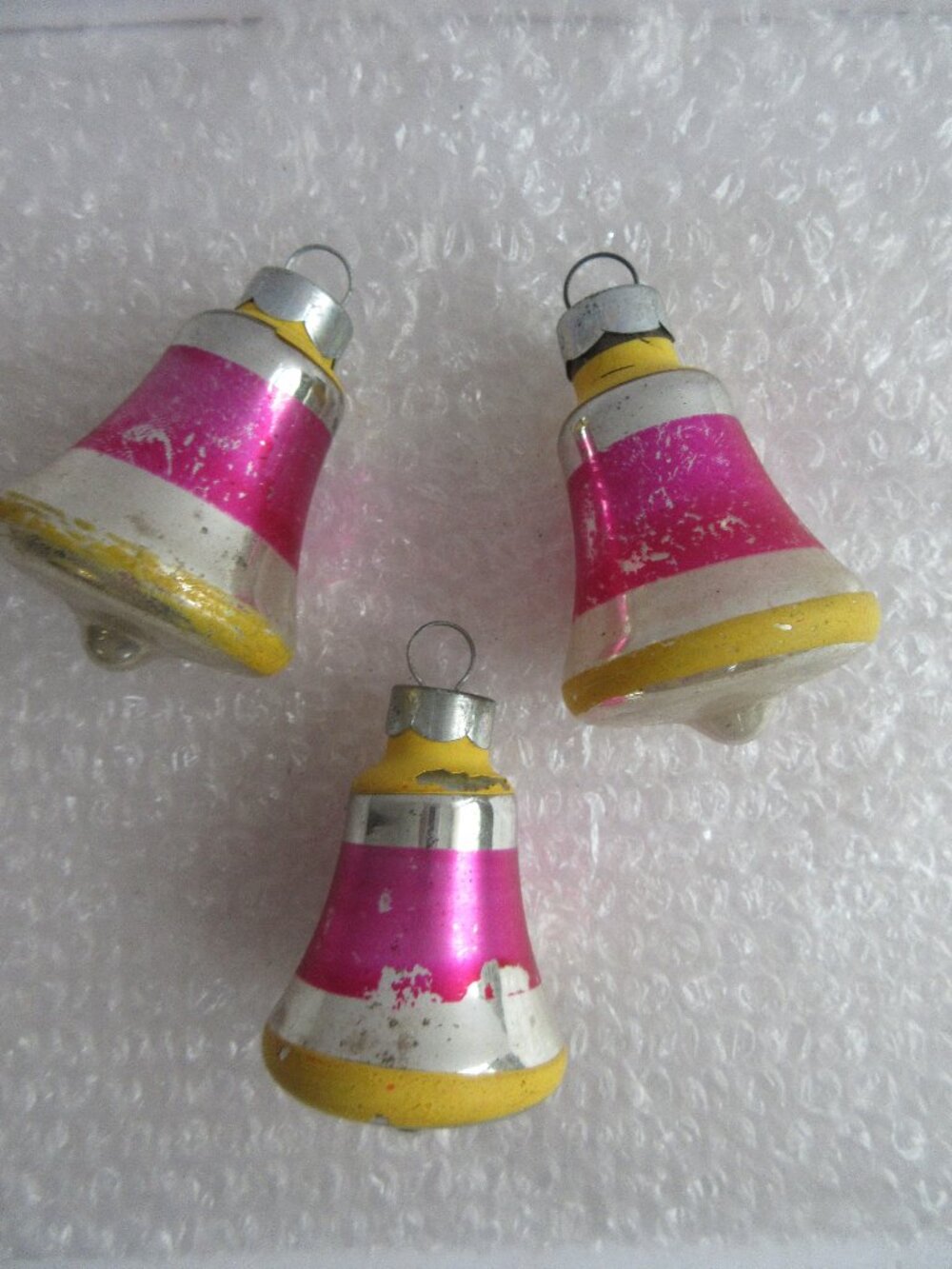 3 Striped Glass Bell 2" Christmas Ornaments Pink Yellow Silver Vintage USA